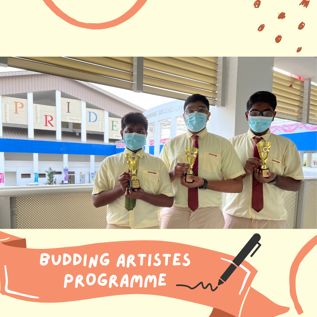 Three masked students in uniforms holding gold trophies outdoors at Greenridge Secondary, promoting Budding Artistes Programme.